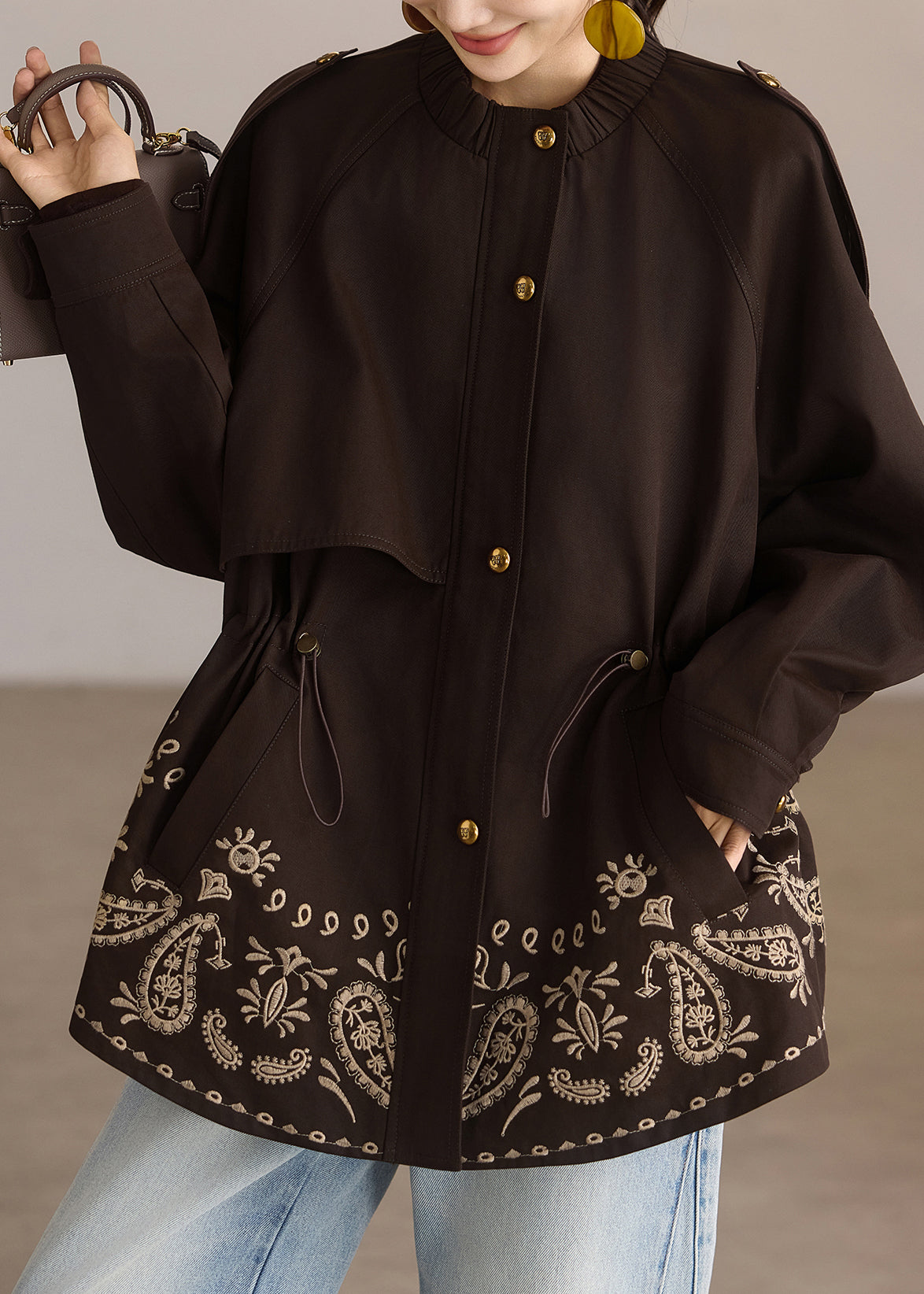 Coffee Print Drawstring Pockets Coat Spring