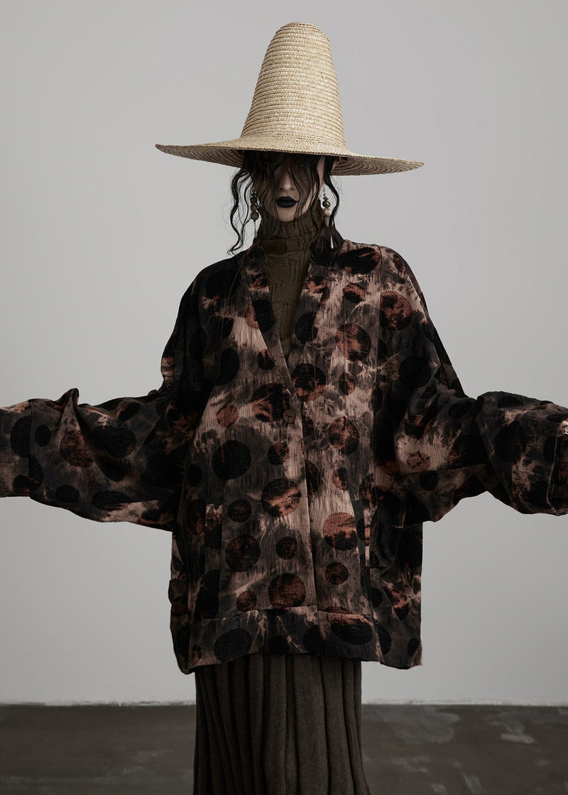 Coffee V Neck Button Tie Dye Cotton Coats Spring