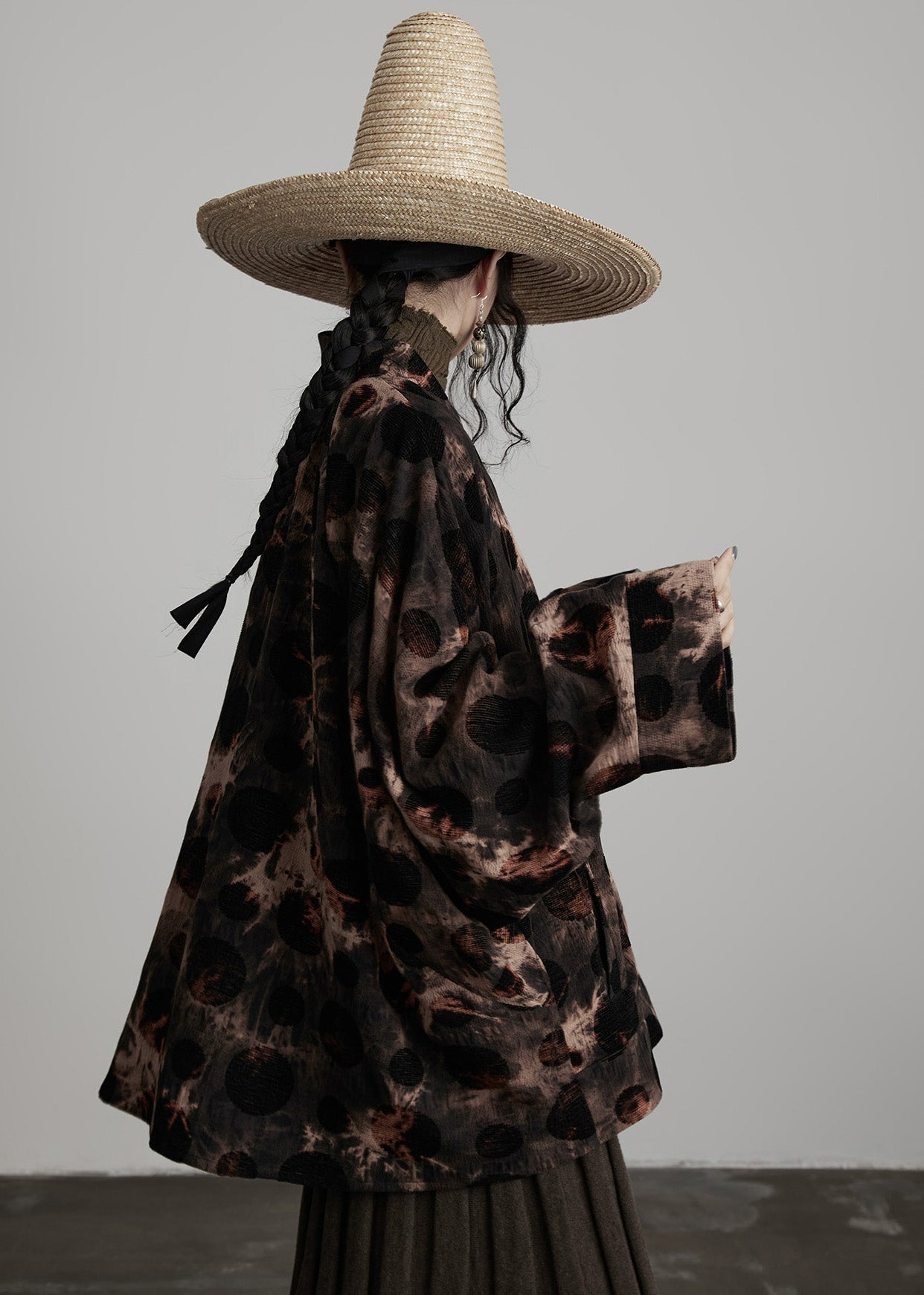 Coffee V Neck Button Tie Dye Cotton Coats Spring
