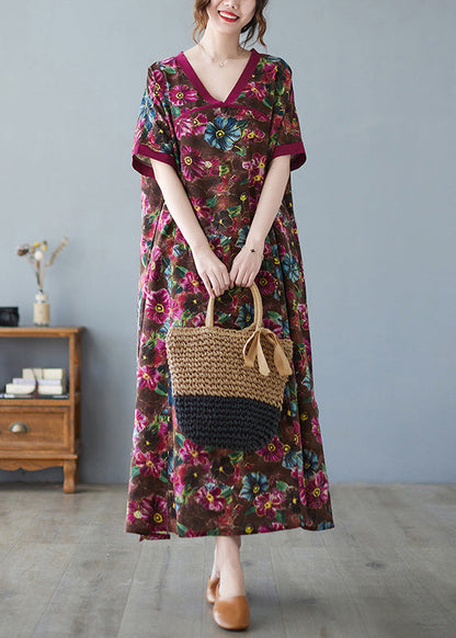 Coffee V Neck Print Cozy Maxi Dress Short Sleeve