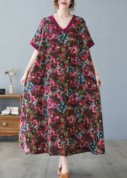 Coffee V Neck Print Cozy Maxi Dress Short Sleeve