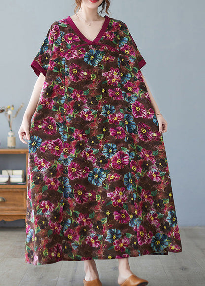 Coffee V Neck Print Cozy Maxi Dress Short Sleeve