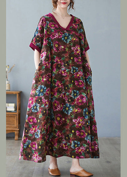 Coffee V Neck Print Cozy Maxi Dress Short Sleeve