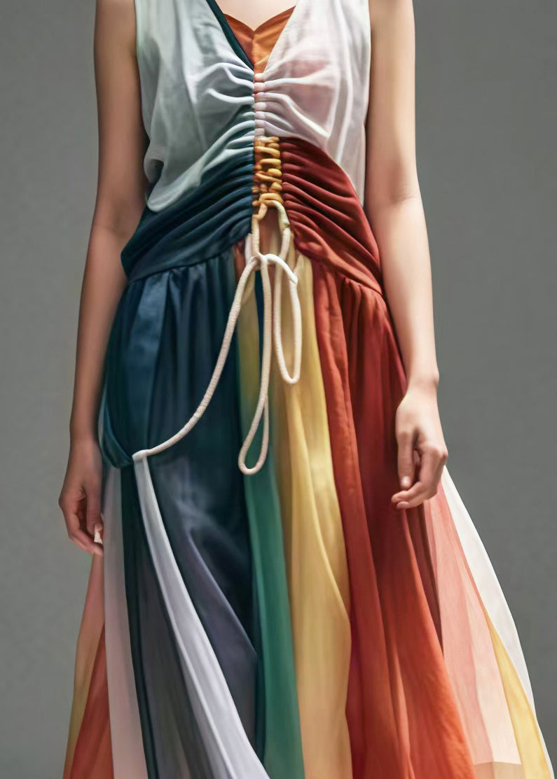 Colorblock Cinched Patchwork Cotton Dresses Sleeveless