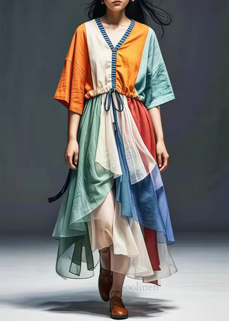Colorblock Cinched Patchwork Cotton Vacation Dresses Summer