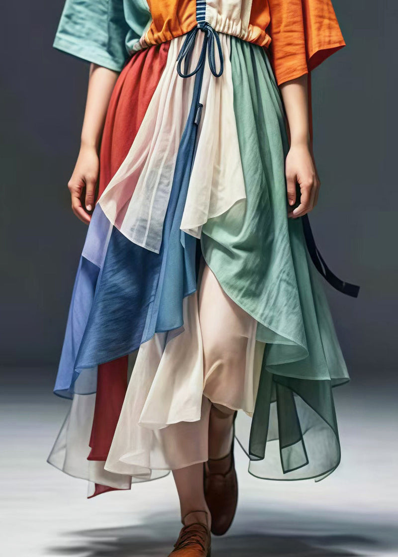 Colorblock Cinched Patchwork Cotton Vacation Dresses Summer
