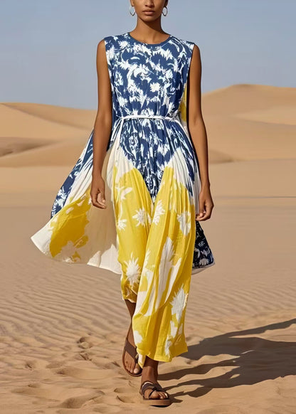 Colorblock Cinched Print Cotton Maxi Dress Sleeveless