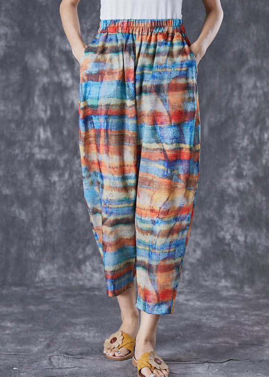 Colorblock Elastic Waist Tie Dye Linen Pants Summer