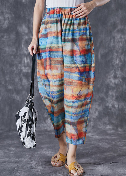 Colorblock Elastic Waist Tie Dye Linen Pants Summer