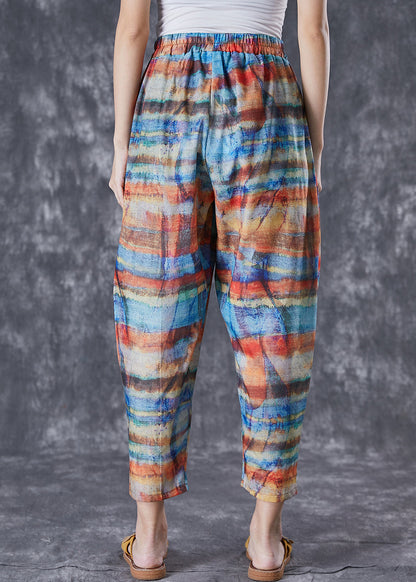 Colorblock Elastic Waist Tie Dye Linen Pants Summer