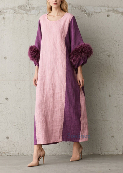 Colorblock Fuzzy Fur Patchwork Cotton Dresses Fall