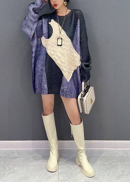 Colorblock O Neck Asymmetrical Patchwork Knit Top Winter