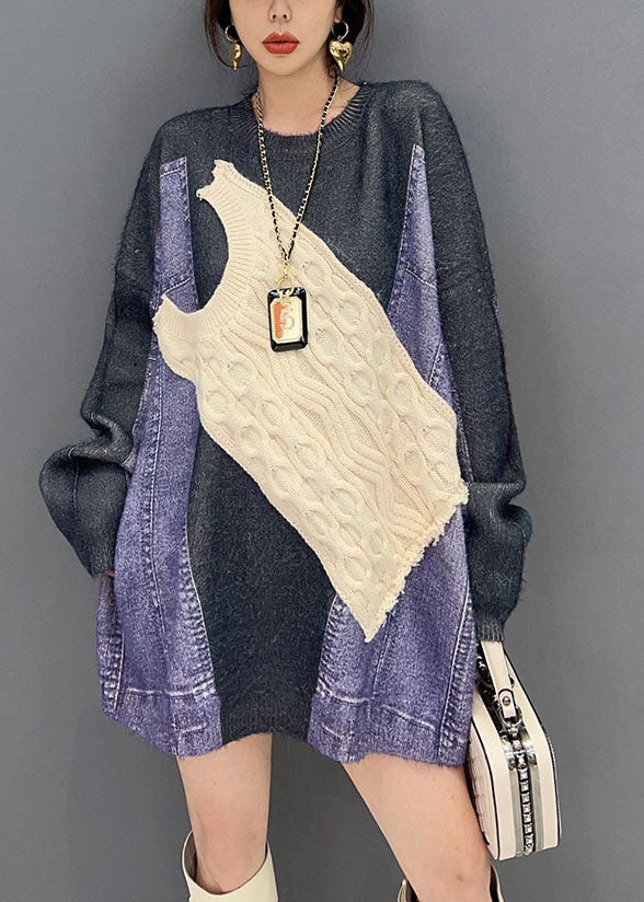 Colorblock O Neck Asymmetrical Patchwork Knit Top Winter
