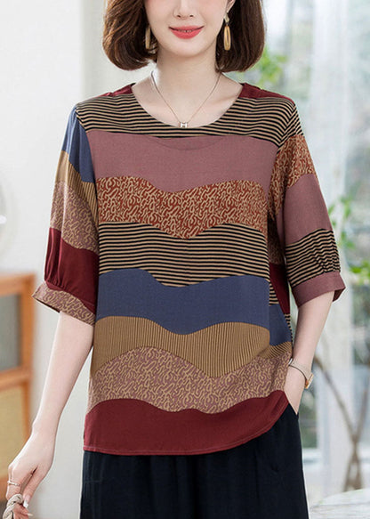 Colorblock O Neck Print Patchwork Cotton T Shirt Summer