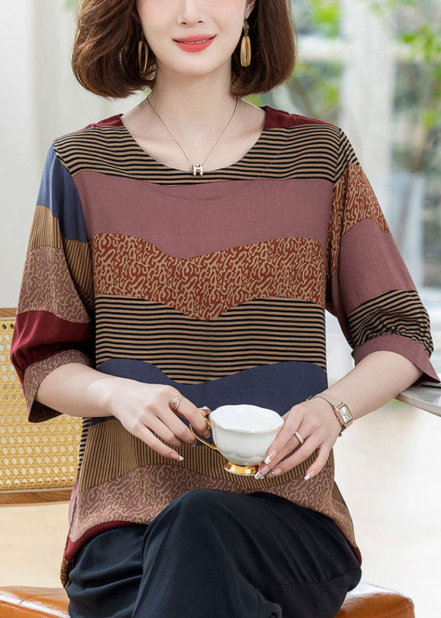 Colorblock O Neck Print Patchwork Cotton T Shirt Summer