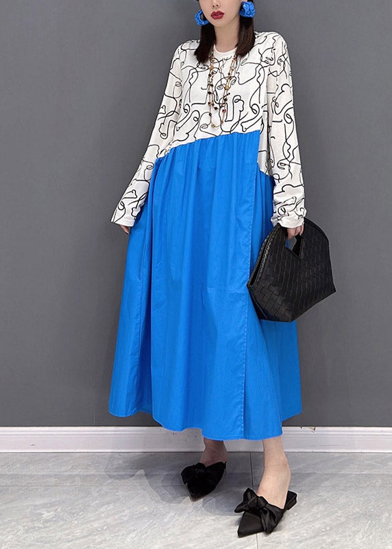 Colorblock O-neck Print Patchwork Holiday Dress Long Sleeve