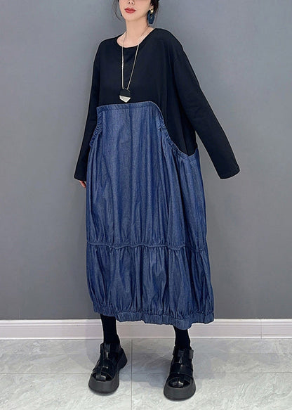 Colorblock Oversized Patchwork Wrinkled Denim Dress Spring