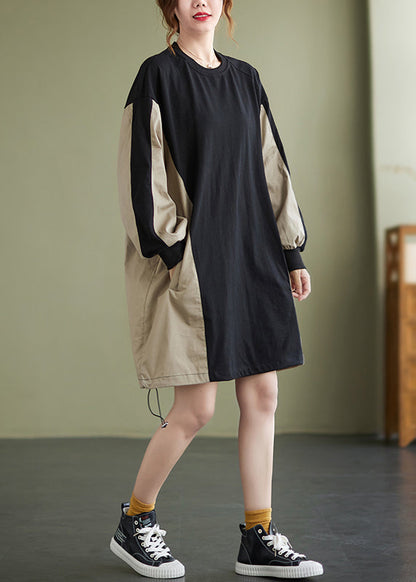 Colorblock Patchwork Drawstring Sweatshirt Dress Long Sleeve