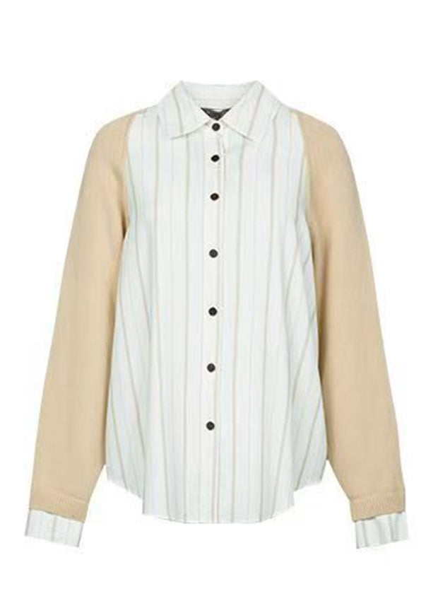 Colorblock Peter Pan Collar Button Knit Patchwork Shirt Fall