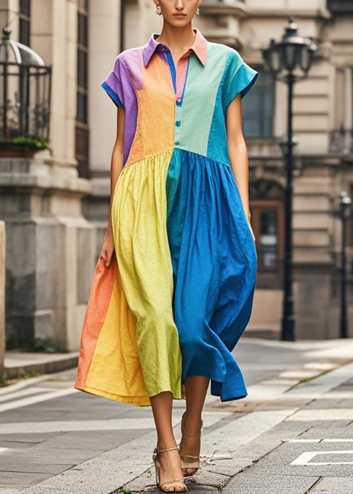 Colorblock Peter Pan Collar Patchwork Cotton Long Dress Sleeveless