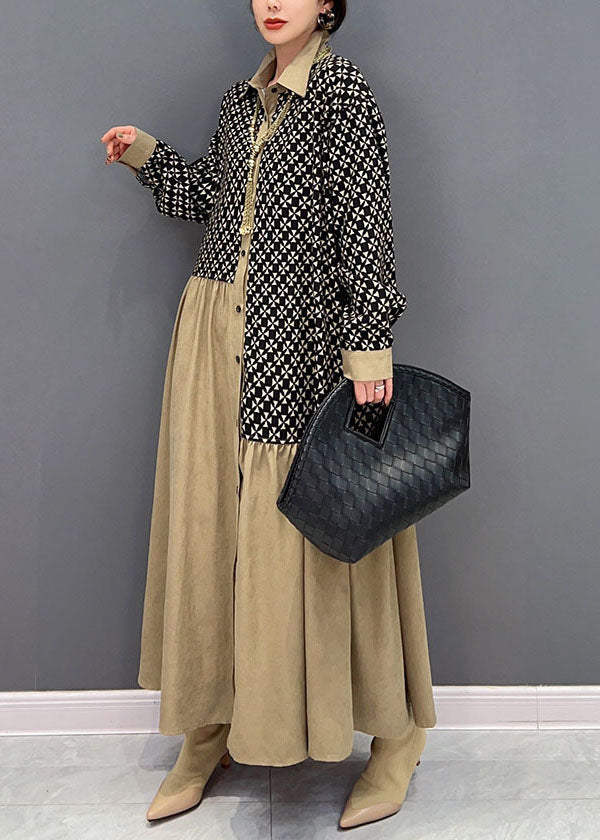 Colorblock Peter Pan Collar Patchwork Wrinkled Print Cotton Dresses Spring