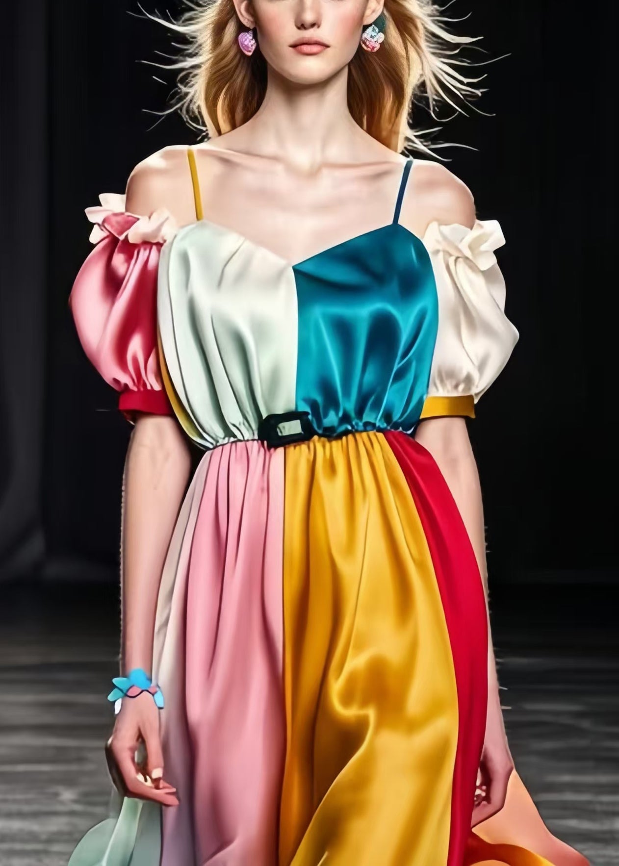 Colorblock Puff Sleeve Patchwork Silk Cami Dresses Summer
