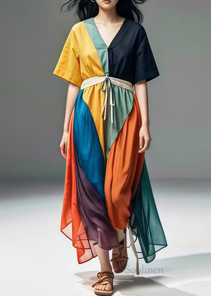 Colorblock V Neck Patchwork Cotton Maxi Dresses Summer