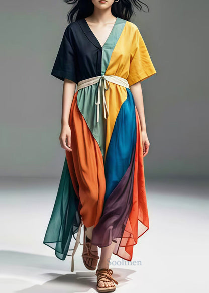 Colorblock V Neck Patchwork Cotton Maxi Dresses Summer