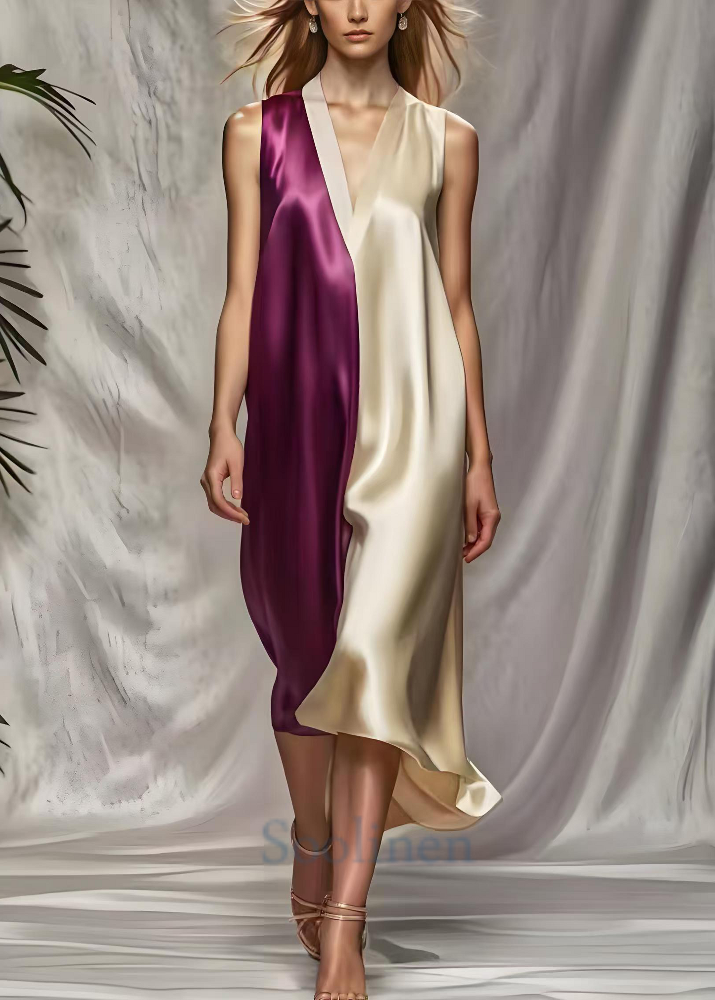 Colorblock V Neck Patchwork Silk Beach Dress Summer