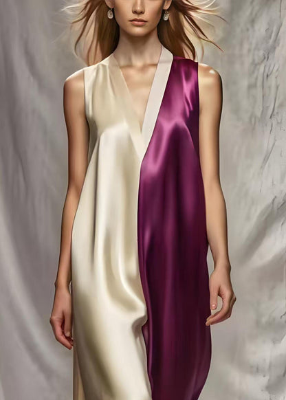 Colorblock V Neck Patchwork Silk Beach Dress Summer