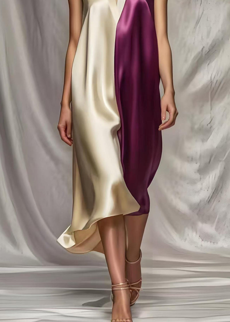 Colorblock V Neck Patchwork Silk Beach Dress Summer