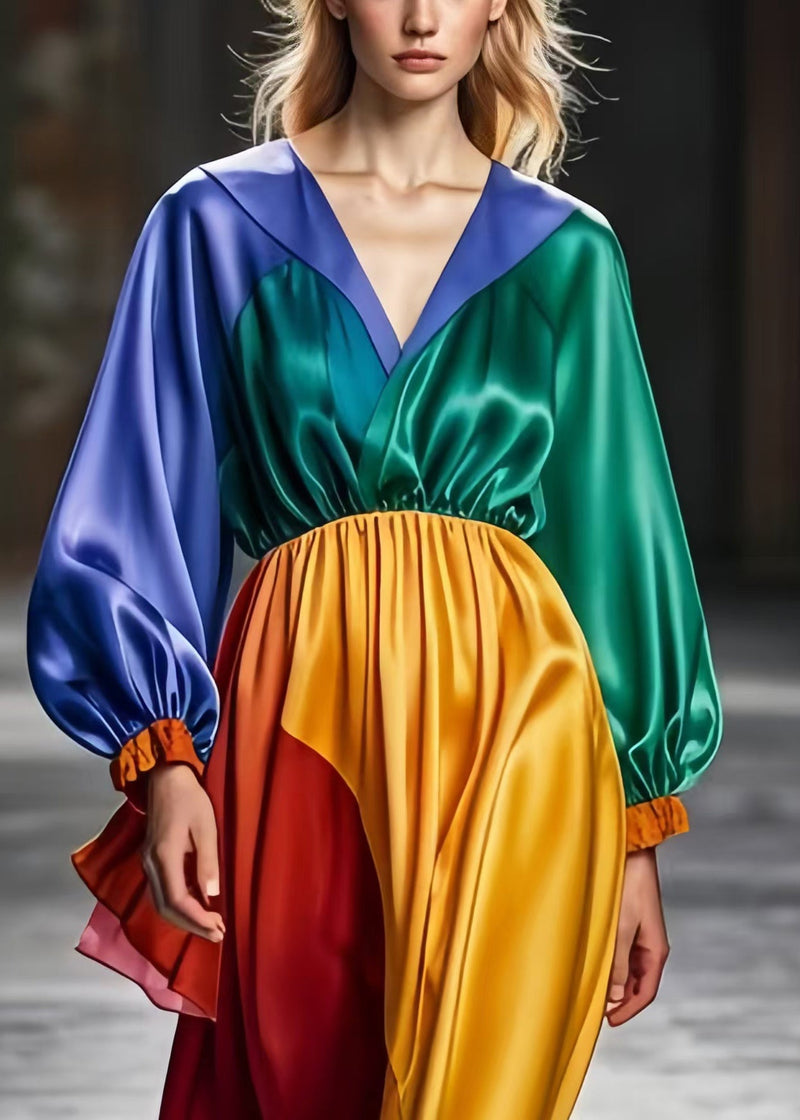 Colorblock V Neck Patchwork Silk Long Dress Spring