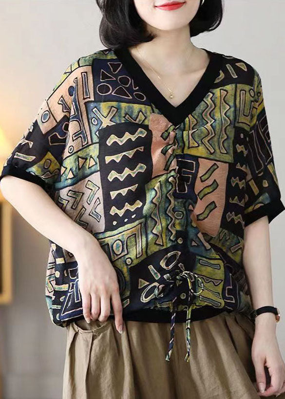 Colorblock V Neck Print Drawstring Cotton Shirt Tops Summer