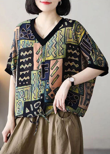 Colorblock V Neck Print Drawstring Cotton Shirt Tops Summer