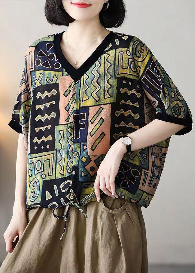Colorblock V Neck Print Drawstring Cotton Shirt Tops Summer