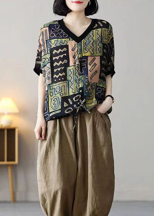 Colorblock V Neck Print Drawstring Cotton Shirt Tops Summer