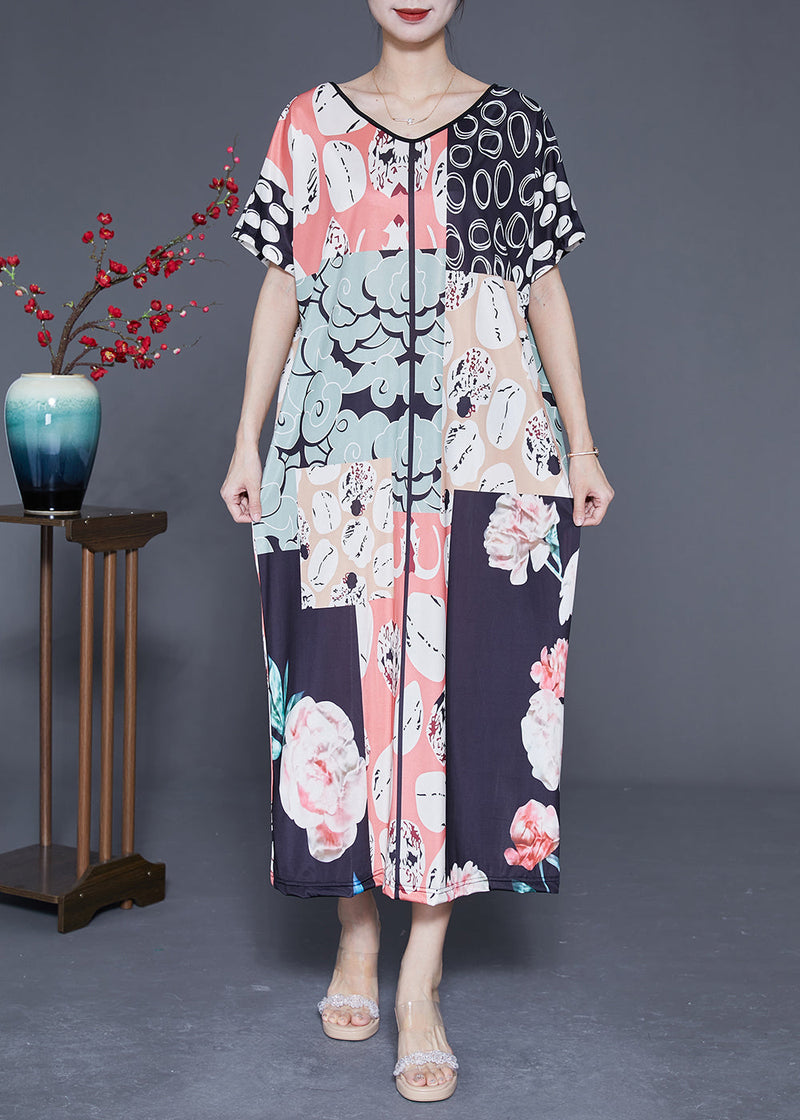 Colorblock V Neck Print Silk Vacation Dresses Summer