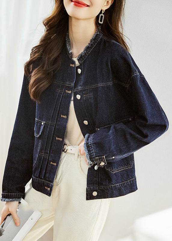 Dark Blue O-neck Pockets Patchwork Denim Coats Fall