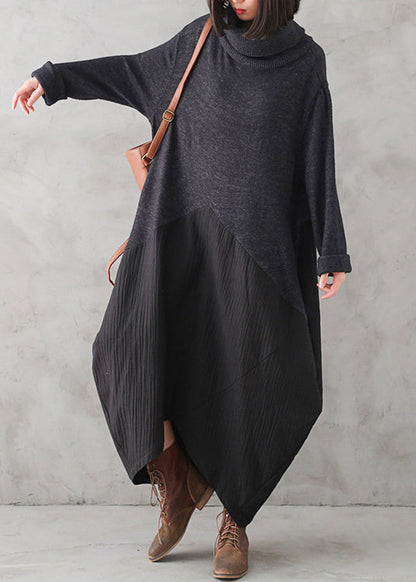 Dark Gray Turtleneck Button Linen Patchwork Knit Long Dress Fall