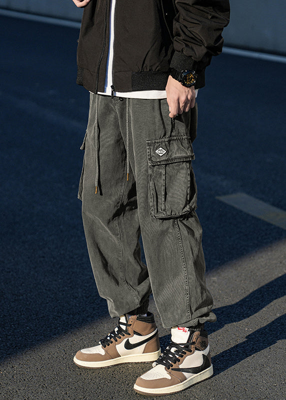 Dark Grey Pockets Cotton Beam Pants Spring