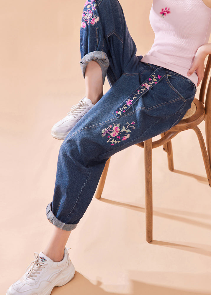 Denim Blue Embroideried Button Pockets Zippered Wide Leg Pants Summer