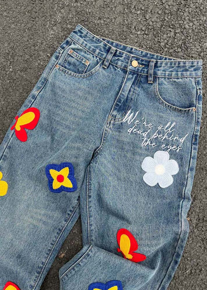 Denim Blue Embroideried High Waist Pants