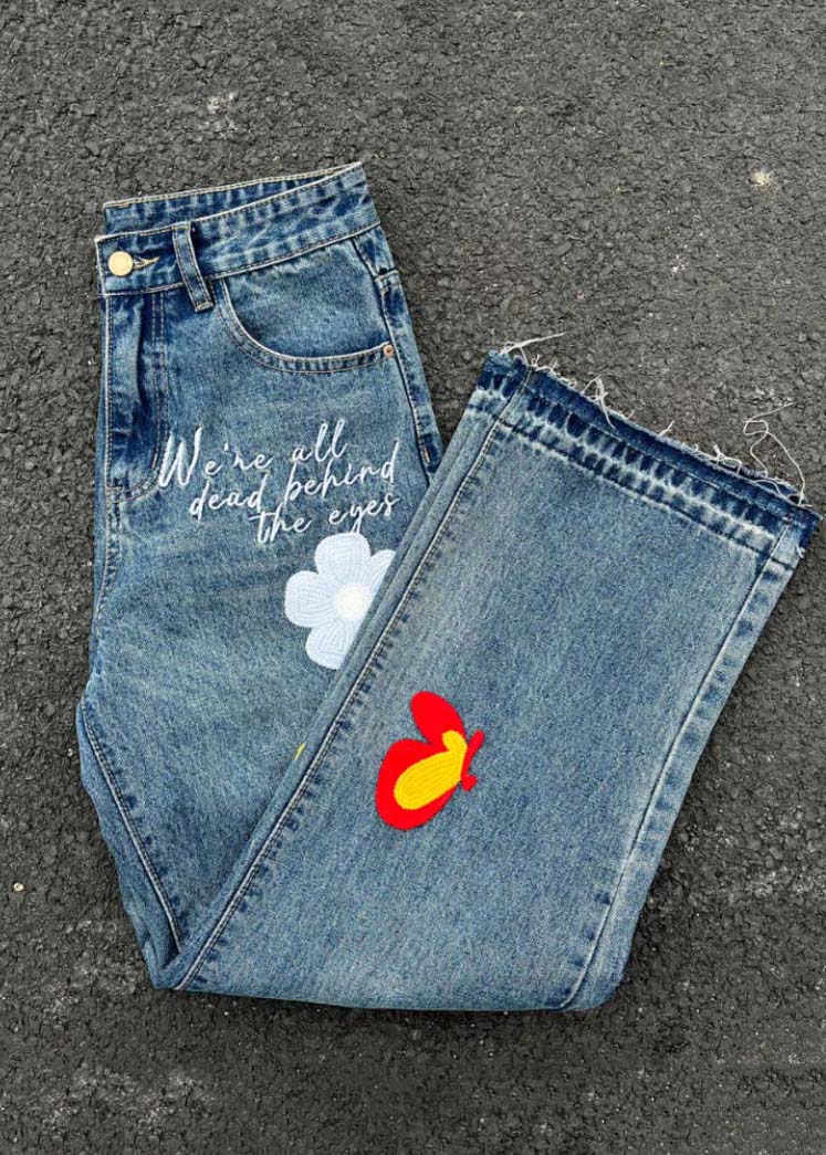 Denim Blue Embroideried High Waist Pants
