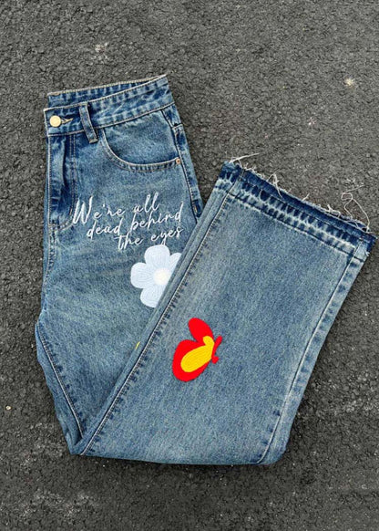 Denim Blue Embroideried High Waist Pants