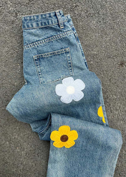 Denim Blue Embroideried High Waist Pants