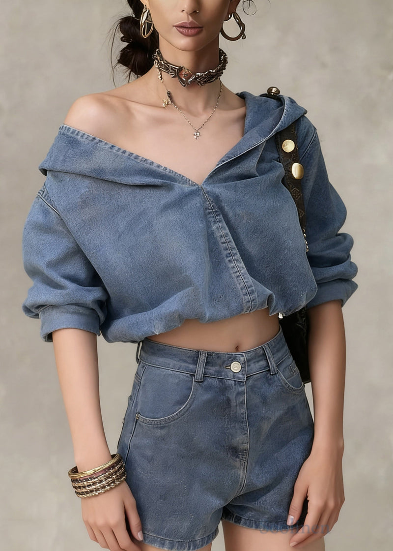 Denim Blue Hooded Coat and Shorts Two Pieces Set Spring