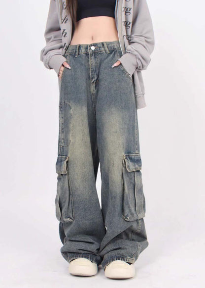 Denim Blue Patchwork Pockets Straight Pants Summer