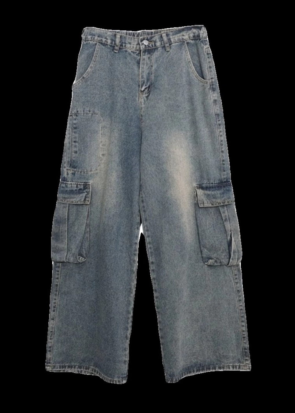 Denim Blue Patchwork Pockets Straight Pants Summer