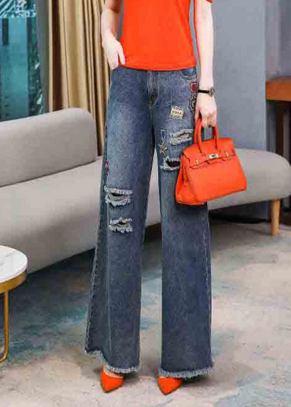 Denim Navy Embroideried Elastic Waist Long Wide Leg Pants