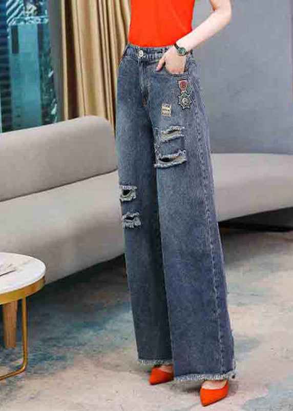 Denim Navy Embroideried Elastic Waist Long Wide Leg Pants